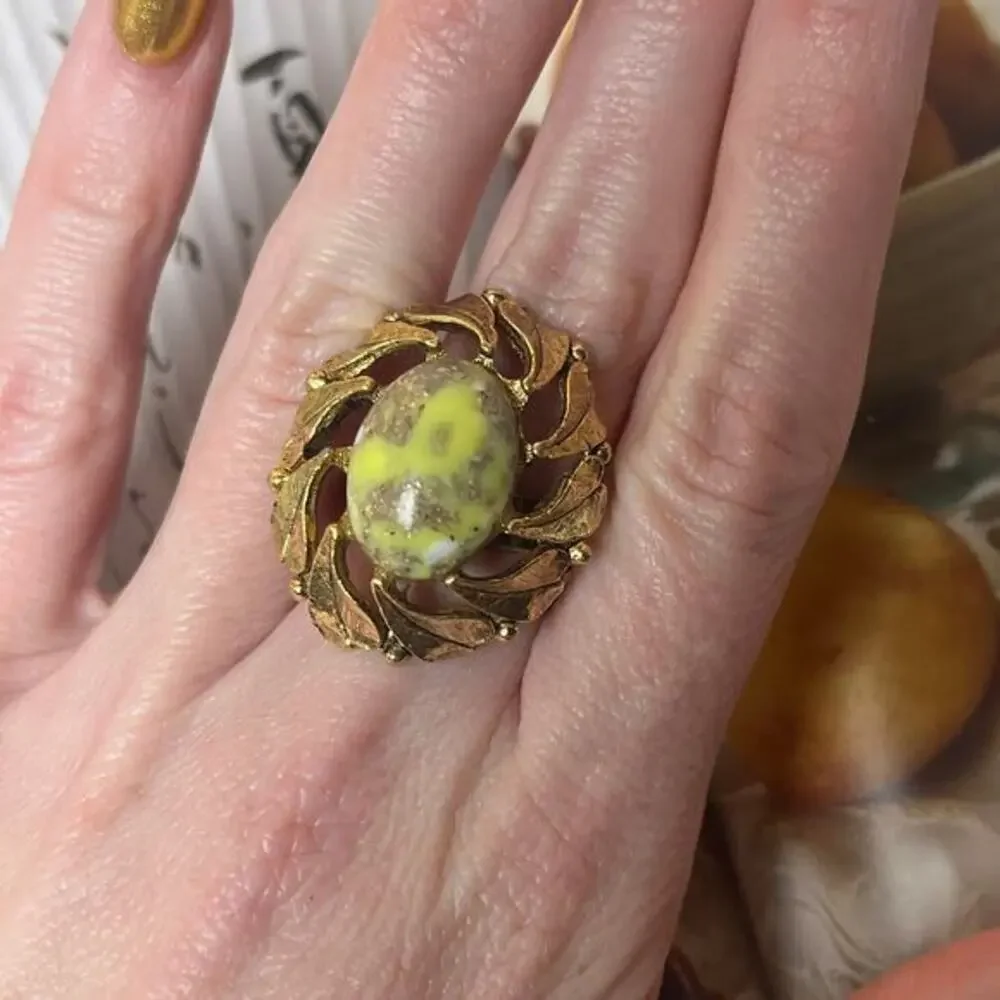 Vintage Gold Tone Ring with Light Green Resin Stone